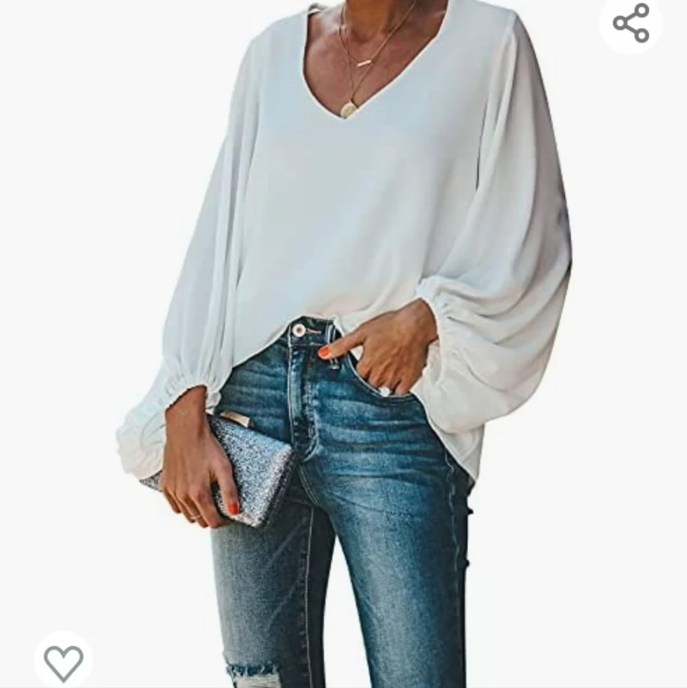 Women's Casual Sweet & Cute Loose Shirt Balloon Sleeve V-Neck Blouse Top - Picture 1 of 6